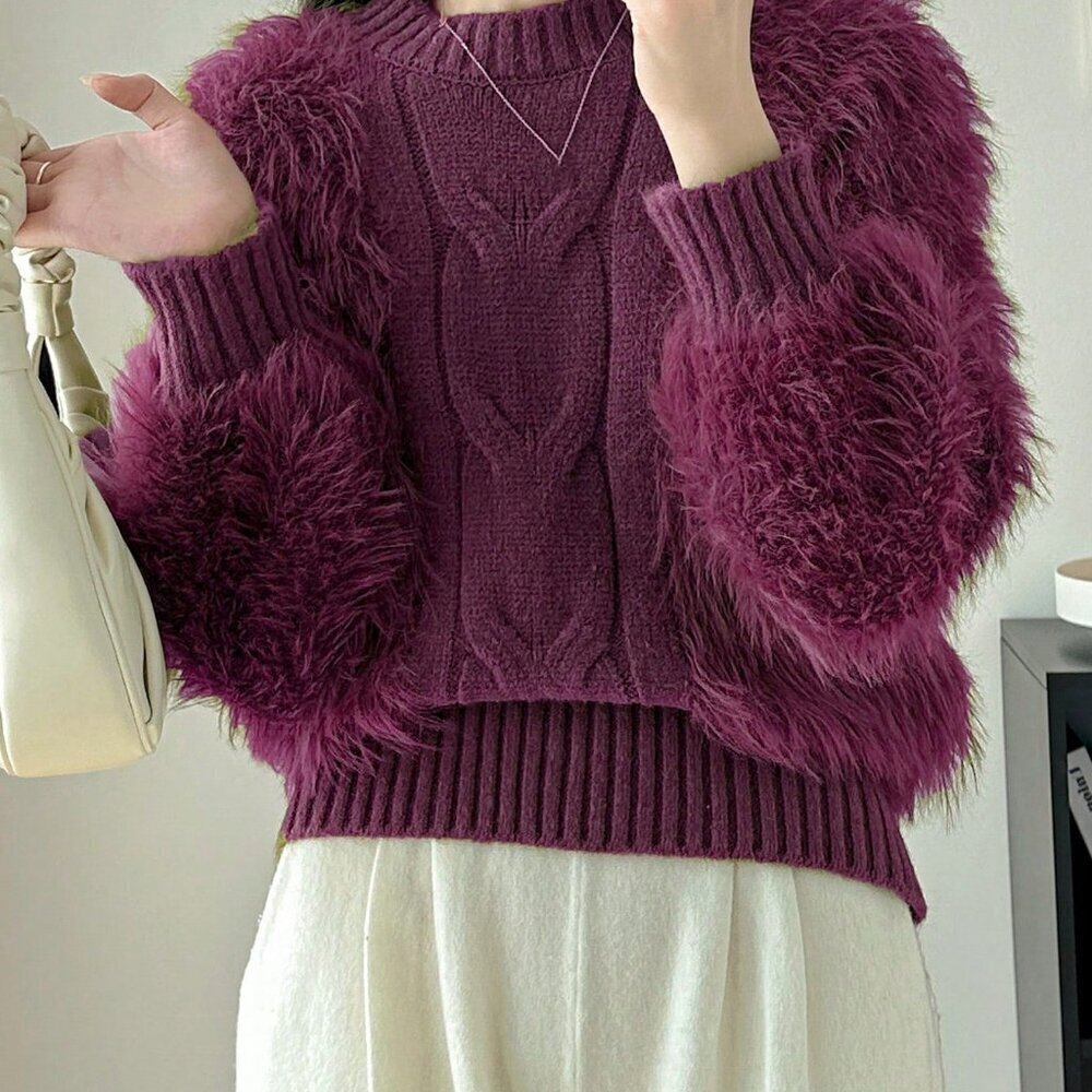 Purple Casual Women's Stand Collar Fuzzy Long Sleeve Sweater